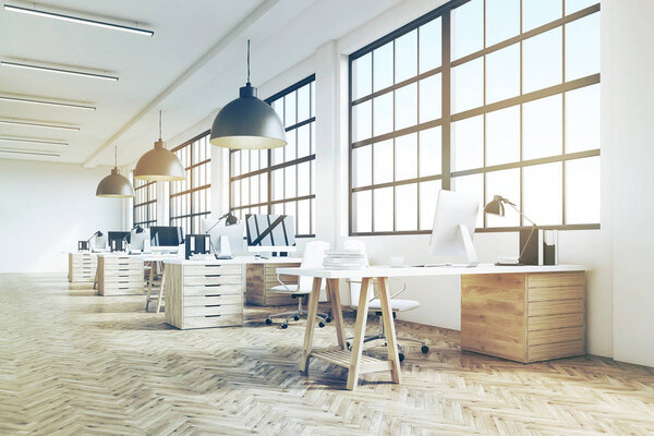 Long office with wooden floor, toned