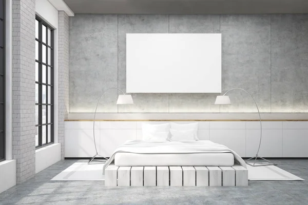Master sovrum med en dubbelsäng, en affisch och två lampor — Stockfoto