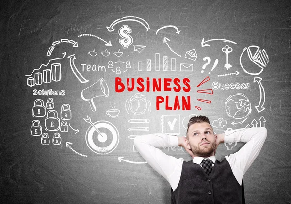 Bearded man, vest, business plan sketch blackboard — Stock Photo, Image