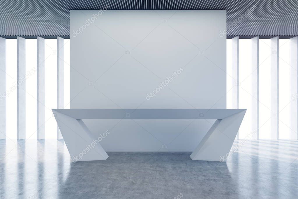 Reception counter, corridor, narrow window shades 