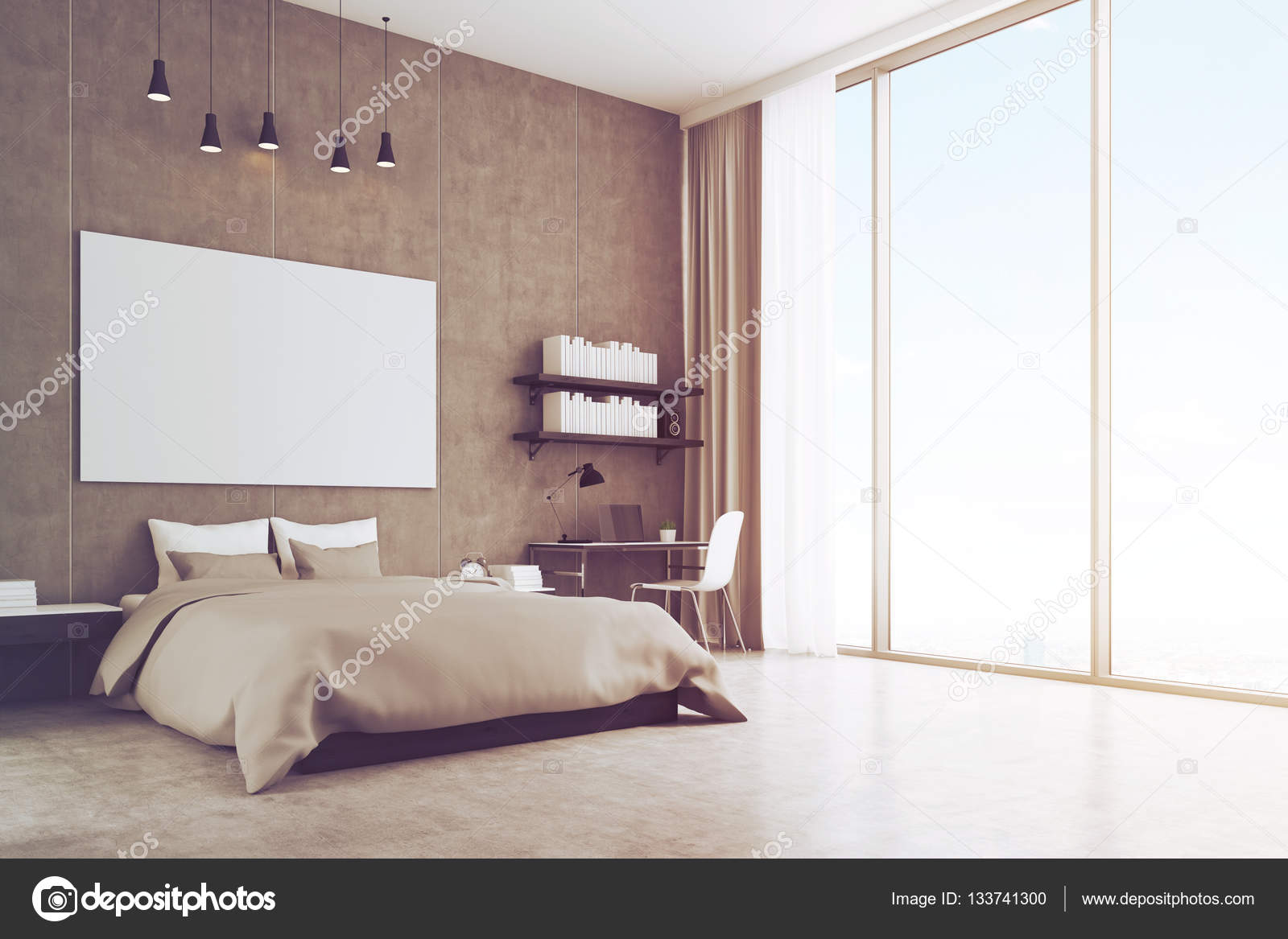 Dormitorio con pared de concreto y piso, tonificada — Foto de stock