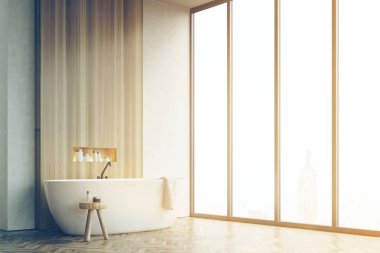 Tonda'nın köşesinde bir banyo beyaz ve ahşap