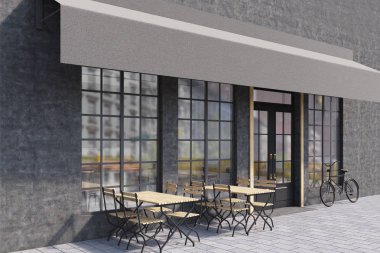 Kafe dış tabloları ve bisiklet ile yan görünüm