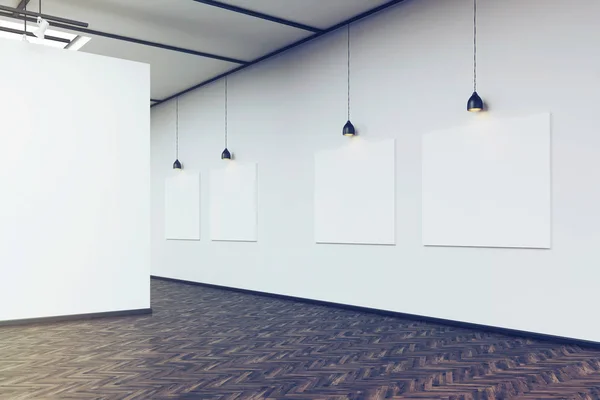Vista lateral de una galería de arte con una pared en blanco y una fila de imágenes — Foto de Stock