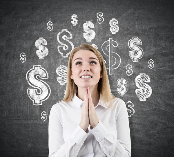 Woman dreaming about dollars, chalkboard — Stock Photo, Image