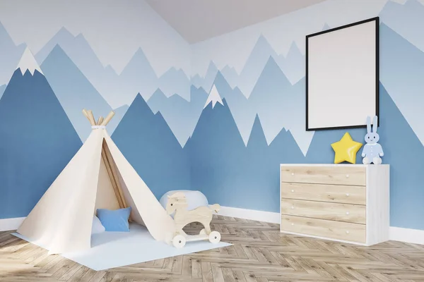 Sidovy av barnets rum. Babysäng och affisch — Stockfoto