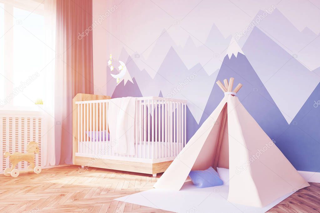 Close up of babys room, tent and mountain, toned