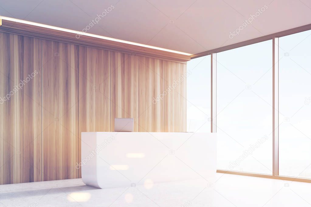 Office with reception and dark wood panels, toned