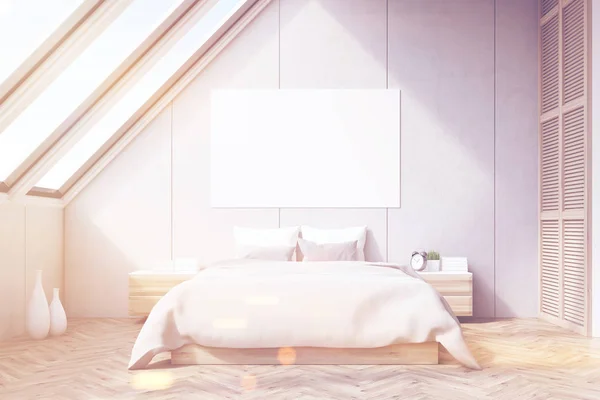 Attic bedroom, wooden floor, toned — Stock Photo, Image