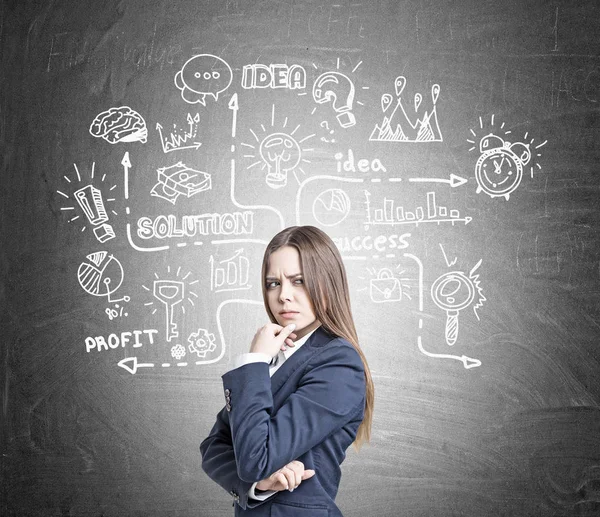 Frowning girl and business idea sketch, chalkboard — Stock Photo, Image