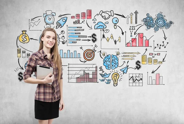 Girl in checkered shirt and business sketch — Stock Photo, Image