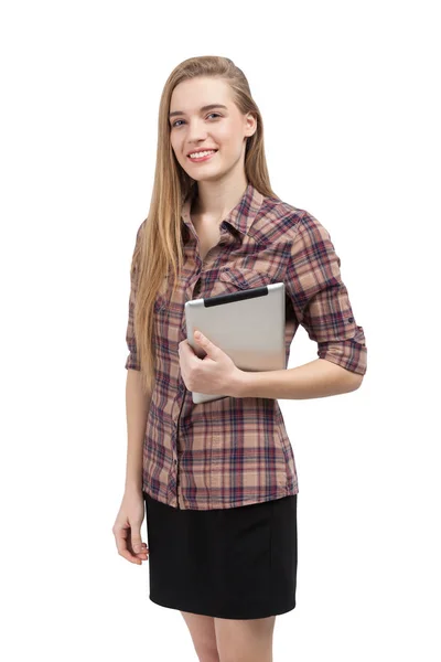 Woman in checkered shirt with a tablet — Stock Photo, Image