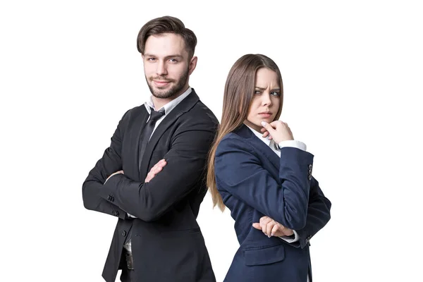 Frowning woman and happy man — Stock Photo, Image