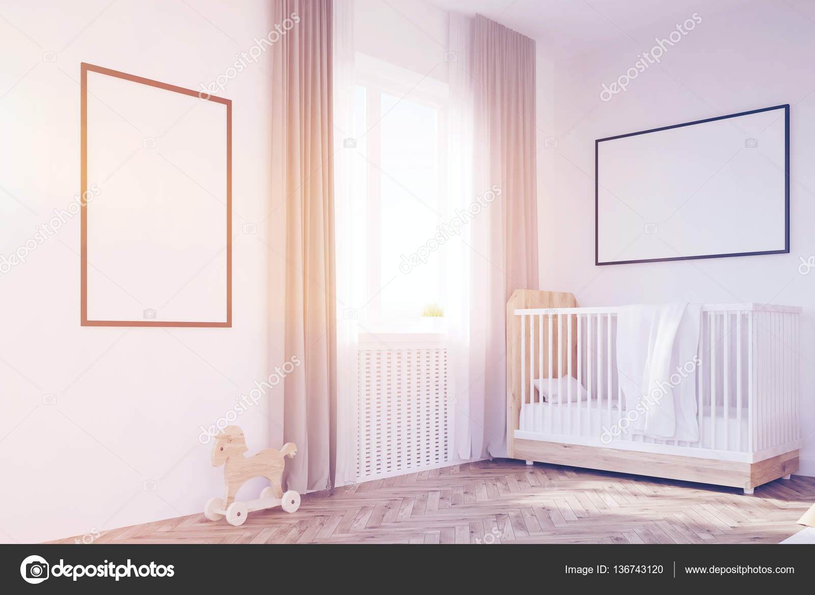 Corner Of Baby S Room With A Crib Toned Stock Photo Corner Of Baby S Room With A Crib Large Window And Two Framed Posters Hanging On White Walls 3d Rendering Mock Up