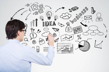 Adam mavi gömlek çizim iş fikir kroki