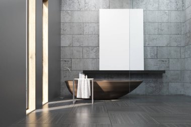 Beton banyo ahşap küvet ve poster