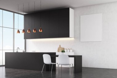 Mutfak iç: beyaz duvarlar ve poster