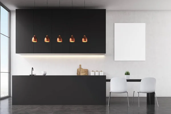Kitchen interior: black wall, poster — Stock Photo, Image
