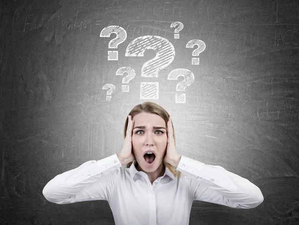 Şok kadın ve soru işaretleri, kara tahta