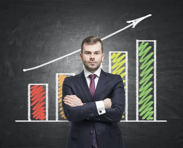 Bearded man and a colorful graph close up — Stock Photo, Image