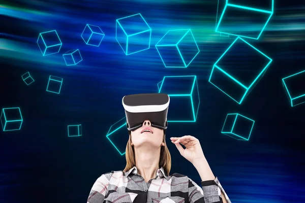 Woman in shirt and floating cubes, phychedelic — Stock Photo, Image
