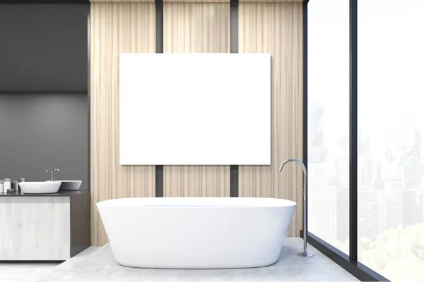 Вид спереди на угол ванной комнаты, плакат, светлые стены — стоковое фото