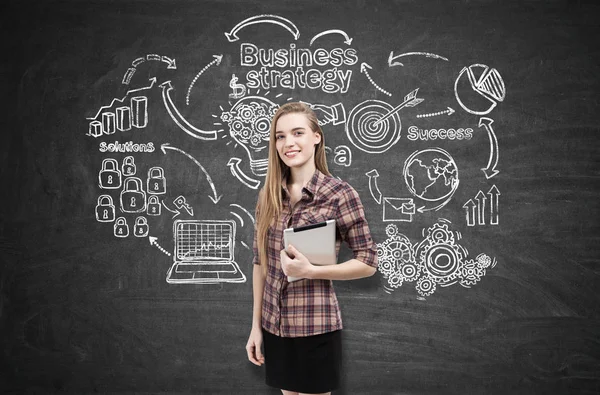 Girl in checkered shirt and business strategy — Stock Photo, Image