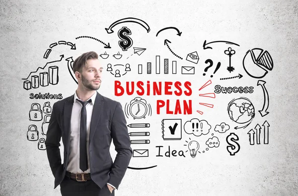 Empresário confiante e ícones do plano de negócios — Fotografia de Stock
