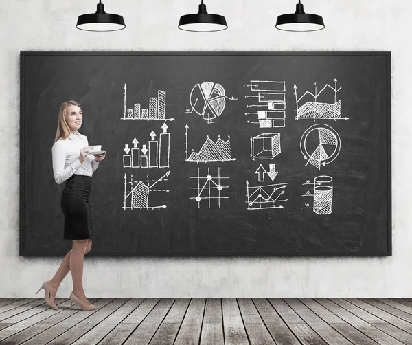 Young woman with coffee and graphs on chalkboard — Stock Photo, Image