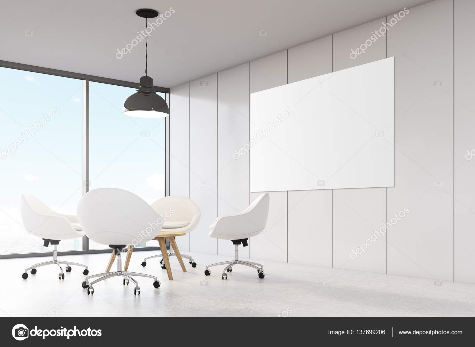 Room With White Walls Large Panoramic Window A Black Ceiling Lamp Room With White Walls Large Panoramic Window A Black Ceiling Lamp Hanging Above Coffee