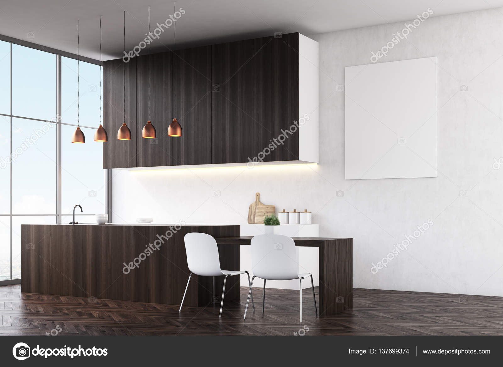 Cocina con paredes blancas, contadores de madera oscuros y sillas ... Cocina con paredes blancas, contadores de madera oscuros y sillas ...