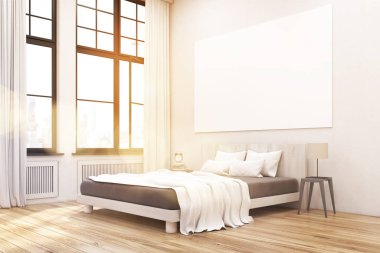 Bir yatak odası ile bir yatak, iki başucu masa ve beyaz bir duvarda asılı büyük bir yatay posteri köşesinde. Büyük pencereler. 3D render. Kadar alay et. Tonlu görüntü.