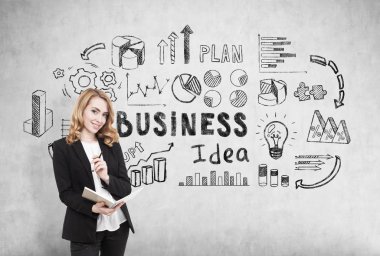 Neşeli Kızıl saçlı işkadını bir not defteri konumu iş fikir simgeleri ile beton duvara yakın olan.