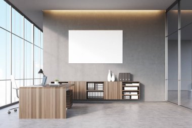 CEO office koyu ahşap mobilyalar, panoramik penceresi, bir cam duvar ve gri beton duvara poster.