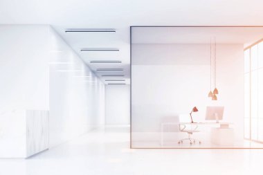Mermer Resepsiyon sayacı ile bir ofis hall ve beyaz mobilya ve cam duvarlı bir ofis yan görünüm. 