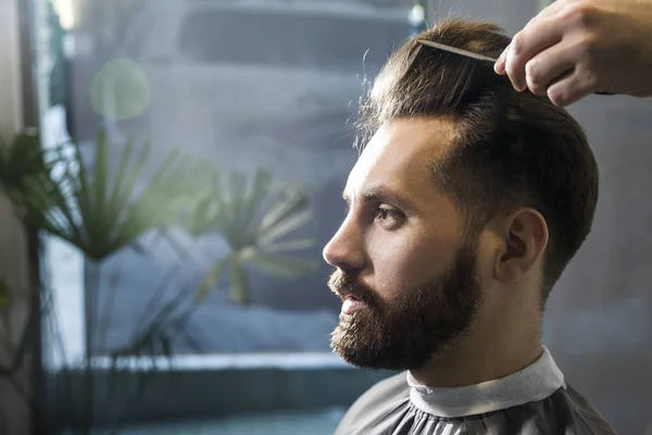 Close up of a concentrated brown haired businessman having his hair combed in a barber shop. — Stock Photo, Image