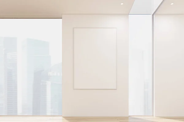 Close up van een verticale poster opknoping op een witte kantoor of appartement muur tussen twee hoge Vensters. — Stockfoto