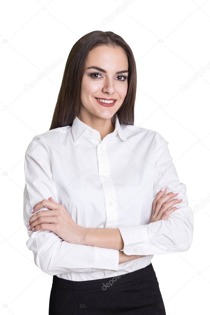 Isolated portrait of a smiling businesswoman standing with her arms crossed and looking at the viewer with confidence. 