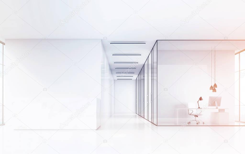 Front view of an office hall with a marble reception counter and an office with white furniture and glass walls. 3d rendering.