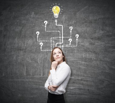 Sarışın kadın ve ampul ile okları, yazı tahtası