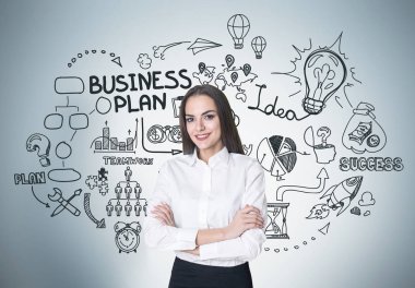 Neşeli kadın ve iş düzeni planı