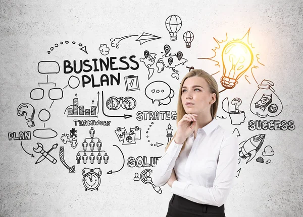 Cheerful woman and business plan scheme — Stock Photo, Image