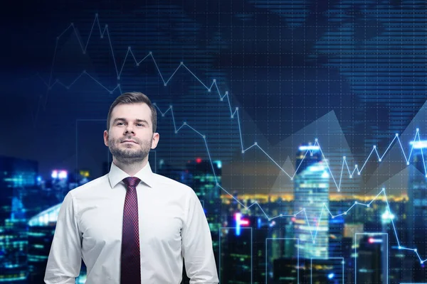 Bearded man in red tie and night city — Stock Photo, Image