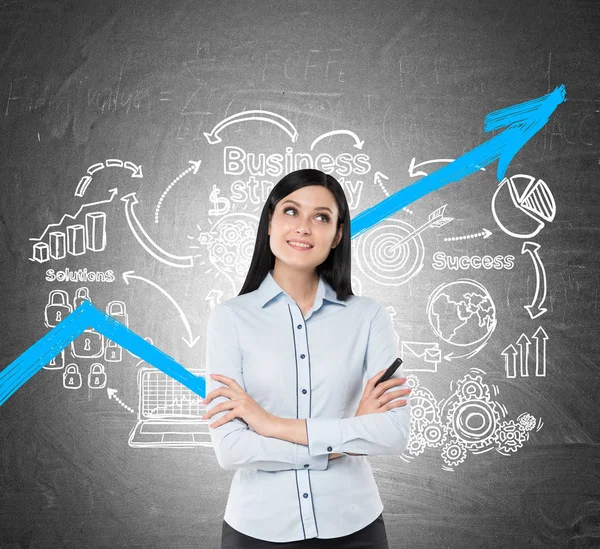 Inspirerad affärskvinna och blå graf, ikoner — Stockfoto