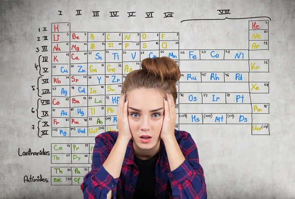 Estressado adolescente menina e Mendeleev tabela periódica — Fotografia de Stock