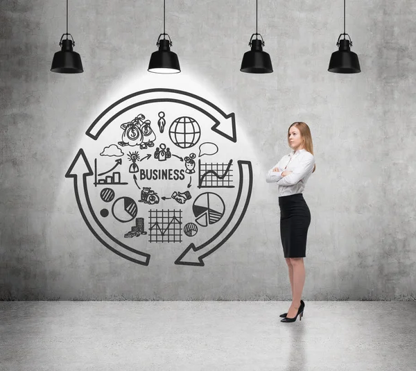 Blond girl near concrete wall with business icons — Stock Photo, Image