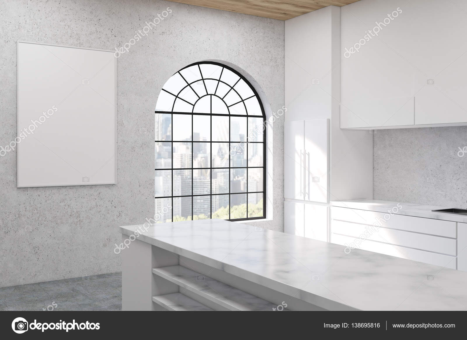 marmor kuche mit beton wand minimalistisch design, küche mit bogen geformte fenster — stockfoto © denisismagilov #138695816, Design ideen
