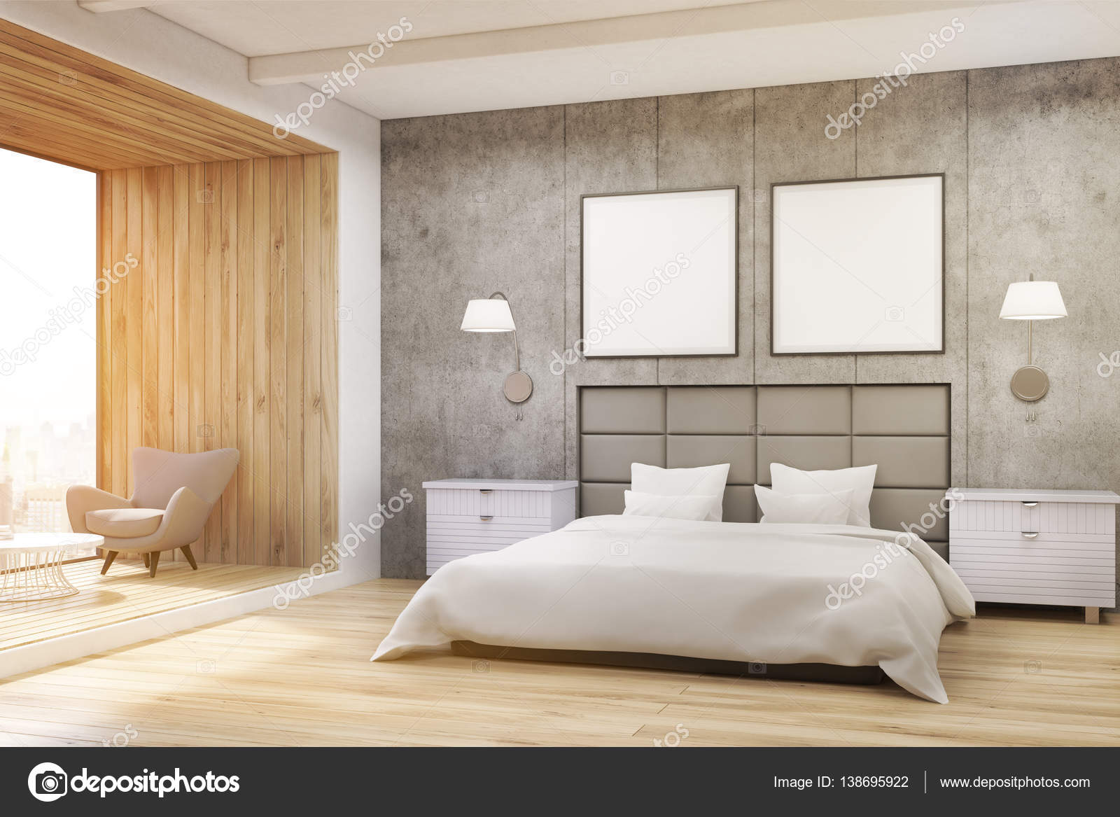 Schlafzimmer Mit Quadratischen Plakate Getont Stockfoto
