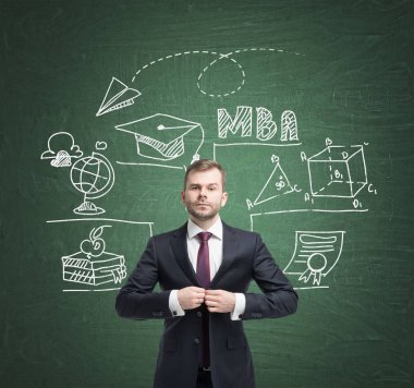 Man in suit and education icons on blackboard clipart