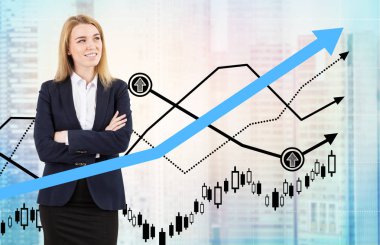 Sarışın kadın ve şehirde mavi grafik